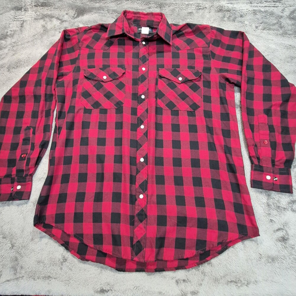 Stone Creek Shirt Mens Large Red Black Buffalo Plaid Western Pearl Snap Flannel